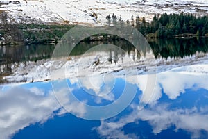 Winter landscape. Reflections in the reservoir of the Brecon Beacons with snow on the peaks of the mountains above.