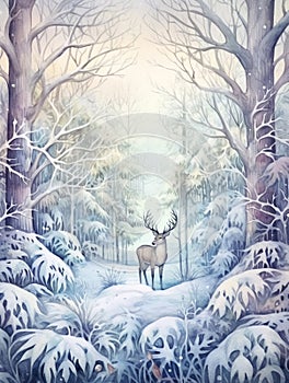 Winter landscape with reindeer. Ai generated