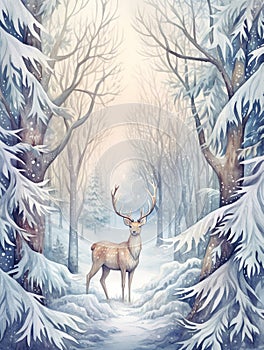 Winter landscape with reindeer. Ai generated