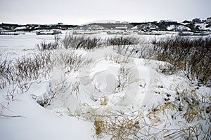 Winter landscape on a river Basin.