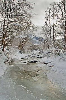 Winter landscape with a river covered with ice in a cloudy day