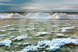 Winter landscape with a river covered with snow and ice hummocks. Ob River, Western Siberia