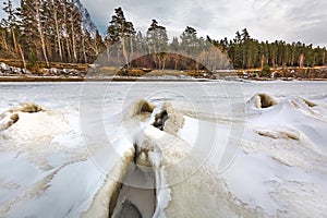 Winter landscape with a river covered with snow and ice hummocks. Western Siberia