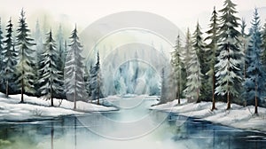 Winter landscape with a river, fir trees and fog. Digital painting. Generative AI