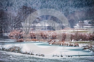 Winter landscape with river regen in bavaria germany