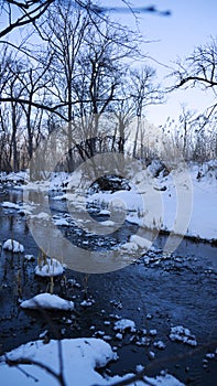 Winter landscape, river and snow