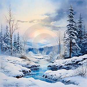 Winter landscape with river and snow-covered forest. Winter landscape with the river in frosty day. Digital painting