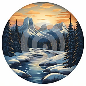 a winter landscape with a river and trees