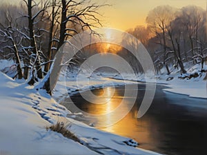 Winter landscape with river and trees at sunset.