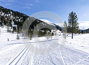 Winter landscape with a road with a cross-country trail in the Schonfeld area, Salzburger Lungau, Austria, Europe.