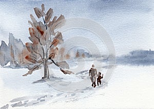 Winter landscape. Road disappear in fog. Two human silhouettes on the way