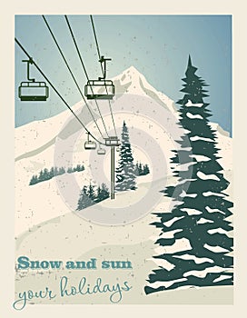 Winter landscape with ropeway station and ski cable cars. Snowy country scene vector illustration. Ski resort concept