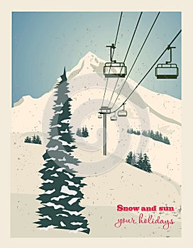 Winter landscape with ropeway station and ski cable cars. Snowy country scene vector illustration. Ski resort concept