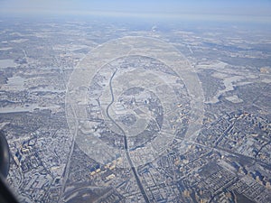 Winter landscape in the Russian hinterland with a bird`s-eye view.