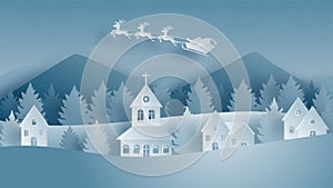 Winter landscape with Santa Claus on sleigh and reindeer flying over village on snowfield in paper cut style. Vector illustration