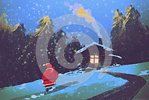 Winter landscape with Santa Claus and wooden house at Christmas night