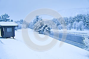 Winter landscape in Scandinavia. With snow covered trees on a road. Landscape photo