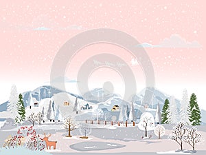 Winter landscape scene in Christmas night at small village with house on hills and Santa sleigh and reindeers flying over the sky