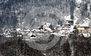 Winter landscape scene Mountain village