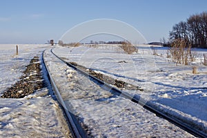 Winter landscape scene of a snow covered railroad track