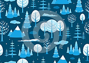 Winter landscape seamless background in minimal style. Horizontal cartoon flat land scene with trees, clouds, falling