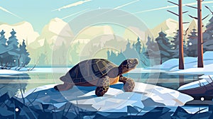Winter Landscape: A Serene Tortoise In Flat Chromatic Fields photo