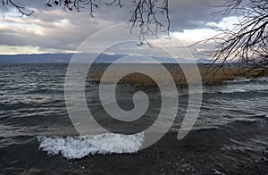 A winter landscape on the shore of Lake Ohrid. Northern Macedonia.