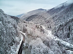 Winter landscape shot of a valley, forest and a road