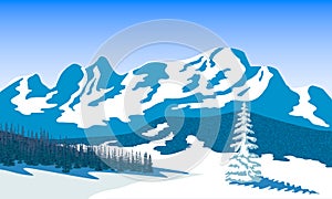 Winter landscape with silhouettes of mountains and forest. Snow and shadows. Vector illustration