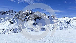 Winter landscape with skiing slopes in Zurs, Alps, Austria .