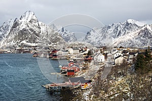Winter landscape of small fishing port Reine on Lofoten Islands, Norway