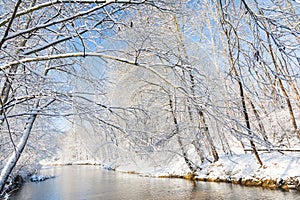 Winter landscape: small river in a snowy woods.