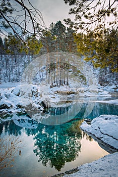 Winter landscape small turquoise lake in the mountains among snow-covered forest. Trees are reflected in the lake water. Vertical