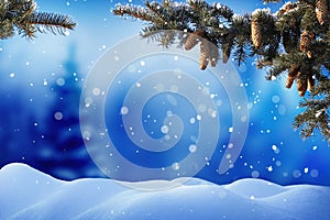 Winter landscape with snow .Christmas background with fir tree