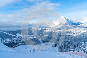 Winter landscape with snow covered Alps and ski track in Seefeld, Austria