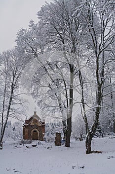 The winter landscape. The snow-covered The ancient abandoned cemetery