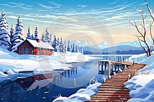 winter landscape with snow-covered cabin and frozen lake dock, magazine style illustration