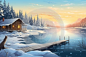 winter landscape with snow-covered cabin and frozen lake dock, magazine style illustration