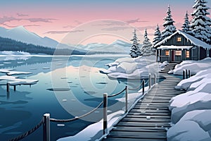 winter landscape with snow-covered cabin and frozen lake dock, magazine style illustration