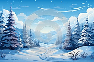 Winter landscape with snow covered fir trees and mountains. Vector illustration