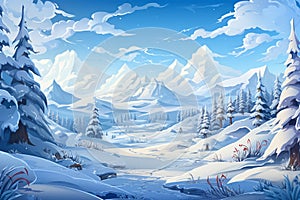 Winter landscape with snow covered fir trees and mountains. Vector illustration