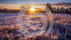 Winter landscape snow covered forest, frozen tree, tranquil sunset generated by AI