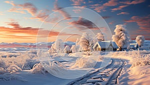 Winter landscape snow covered forest, mountain, and cottage under sunset sky generated by AI