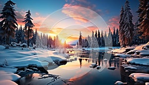 Winter landscape snow covered forest, mountain, sunset, tranquil reflection in water generated by AI