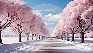 Winter landscape snow covered forest, pink blossoms, tranquil meadow, vanishing sunset generated by AI