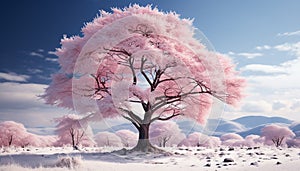 Winter landscape snow covered forest, pink sky, tree branches covered in frost generated by AI