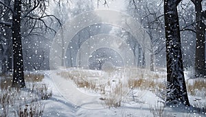 Winter landscape snow covered forest, tranquil meadow, falling snowflakes generated