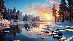 Winter landscape snow covered forest, tranquil scene, majestic mountains, icy water generated by AI