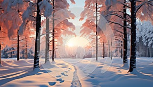 Winter landscape snow covered forest, tranquil sunset, frost on tree branches generated by AI