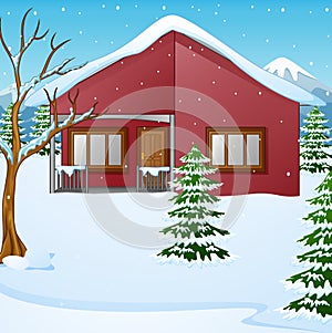 Winter landscape with snow covered house and fir tree